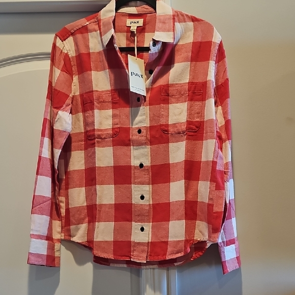 Pact Women's Red and White Plaid Button Down Shirt - Picture 1 of 1